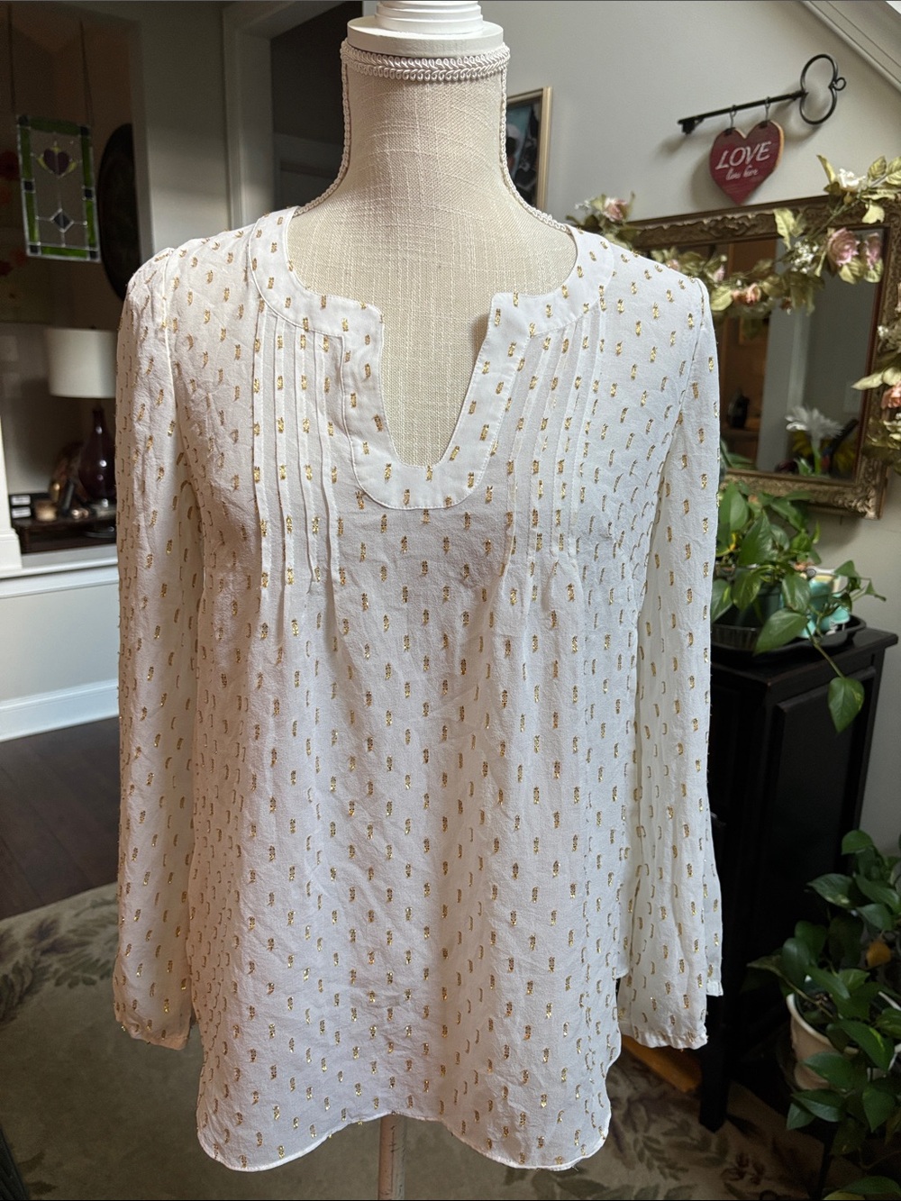Lilly Pulitzer Silk Metallic Gold Clip Dot Pintuck Tunic Blouse size S